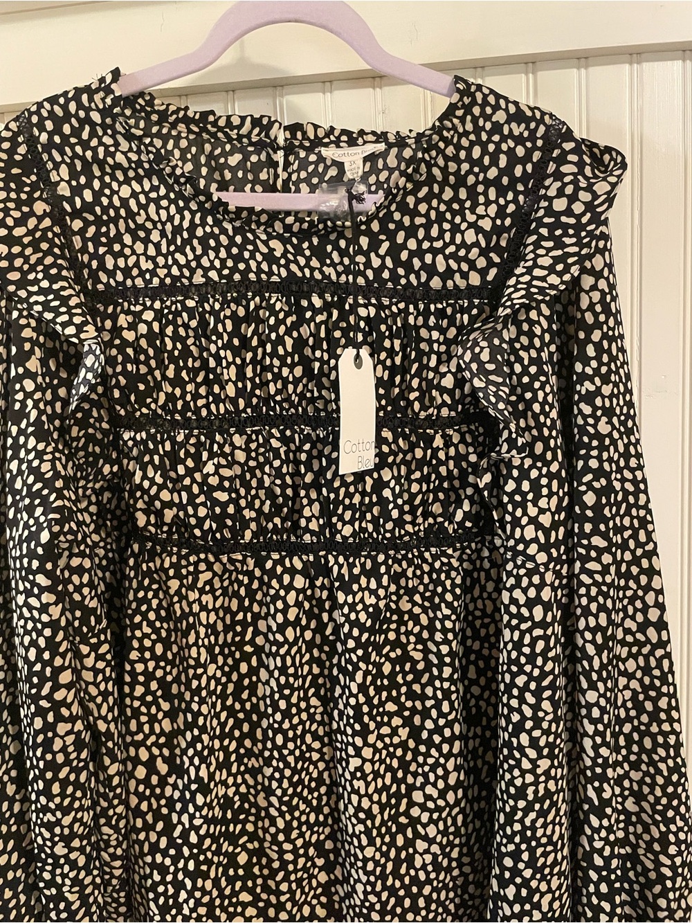 Cotton Blue Black & Cream Printed Ruffle-Trim Blouse